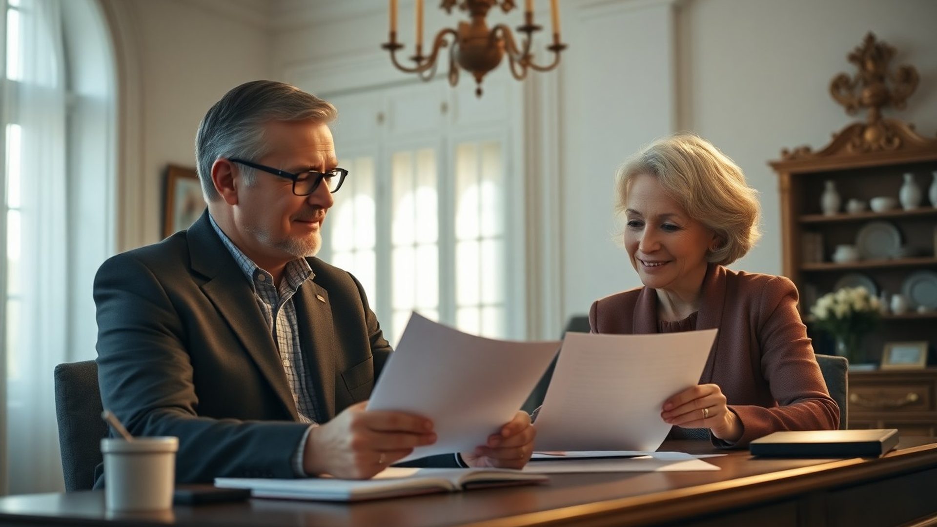 Pár ve věku okolo padesáti let si u stolu prochází dokumenty s finančním poradcem