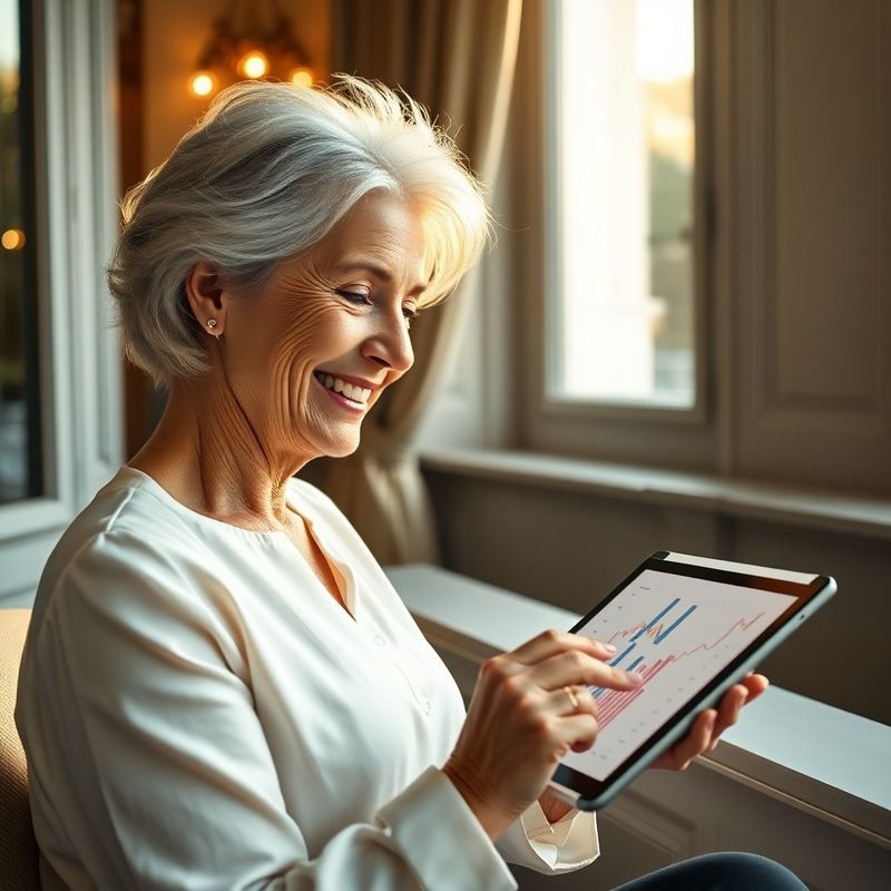 Usměvavá seniorka si prochází finanční grafy na tabletu u okna